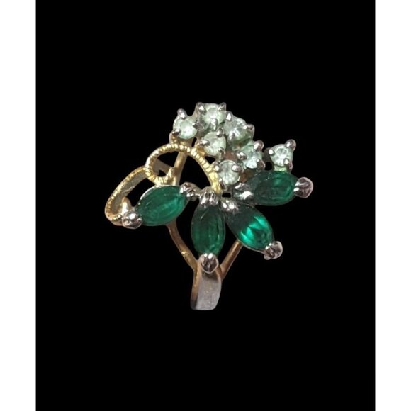 Vintage Faux Emerald And Diamond 14kt Gold Plated Floral Ring Size 5 3/4 - Picture 14 of 14